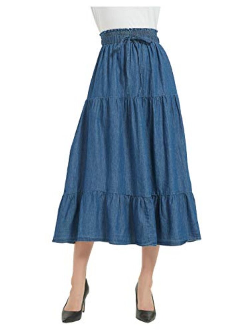 A-Line Midi Denim Skirt Tiered Pleated Elastic Waist Drawstring